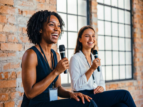 Two diverse, happy businesswomen smiling and holding microphones during a lively public speaking event or podcast.