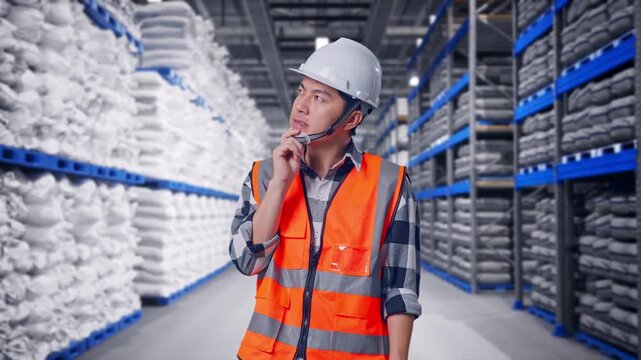 Asian Male Engineer With Safety Helmet Thinking About Something And Looking Around While Standing at Warehouse Storage with Stacked White Sacks