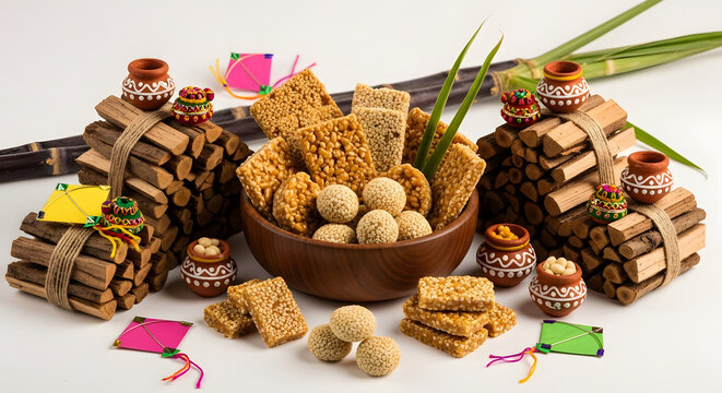 Traditional Indian sweets and snacks arranged in a brown bowl and wrapped bundles on a white surface with colorful decorations.