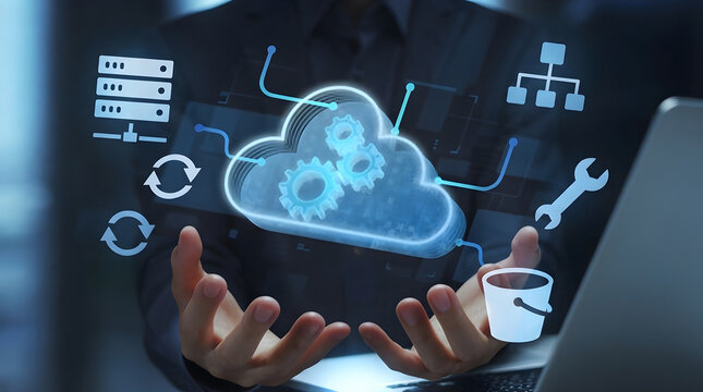 Cloud native architecture optimizing digital workflow automation. Cloud application developer implementing backend database storage management.