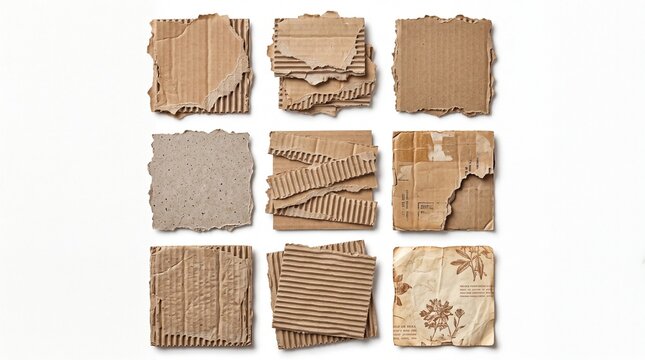 Set of torn brown cardboard paper patches and scraps