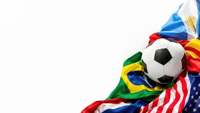 International Football Tournament Banner with Soccer Ball and World Flags on White Copy Space Background