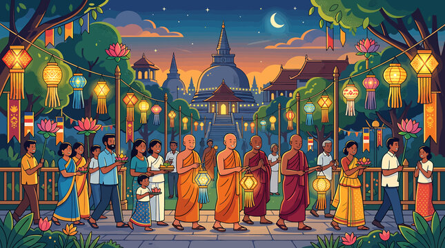 Buddhist monks and devotees walking in a colorful lantern festival procession at night with temple background.