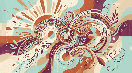 Abstract geometric mural with circular patterns and organic floral elements in earthy pastel tones. © Vuny