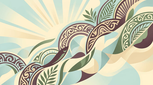 Abstract Maori Tribal Pattern Illustration with Sun Rays and Fern Leaves Background.