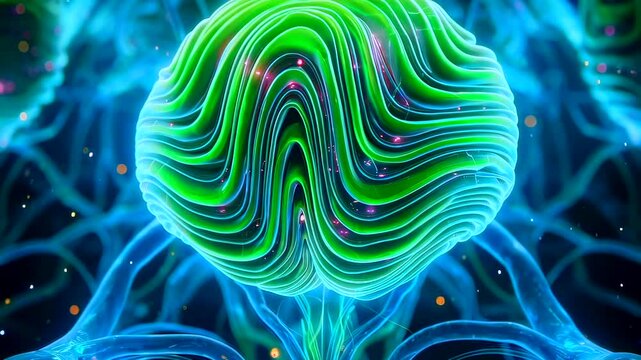 Glowing neural organoid suspended in extracellular matrix, stem cell biologist cultivates D tissue for regeneration studies layered green folds, nutrient microenvironment, delicate