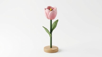 Fototapeta premium A pink tulip with green leaves and a wooden base, placed on a white background with a wooden stand.