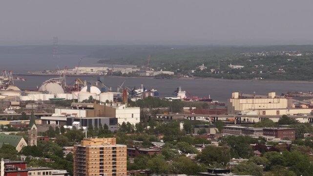 Iconic Aerial view of Quebec City and Levis straddling the St Laurence River