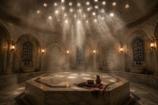 Interior of a steamy Turkish bath with central marble platform and star-shaped light holes.
