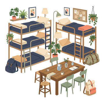 Cozy hostel dormitory room with wooden bunk beds and shared dining table illustration.