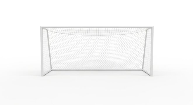 A white soccer goal with netting on a plain white background