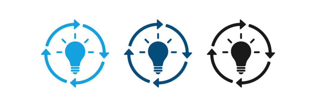 Light bulb with circular arrows icon set representing innovation and continuous improvement process.
