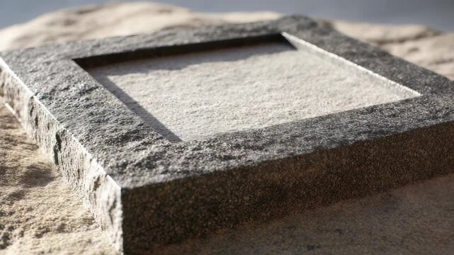 A close up view of a square stone frame filled with fine sand, resting on a textured rock surface. Natural sunlight highlights the rough and smooth textures in this minimalistic composition