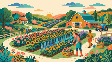 Colorful illustration of farmers working in a vibrant flower garden with a barn and sunset background. © Saka