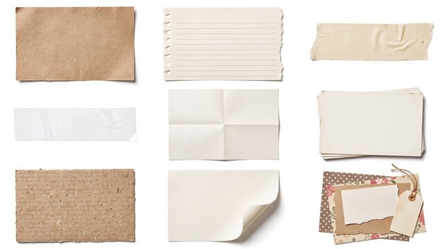 Set of various blank paper sheets and torn card scraps