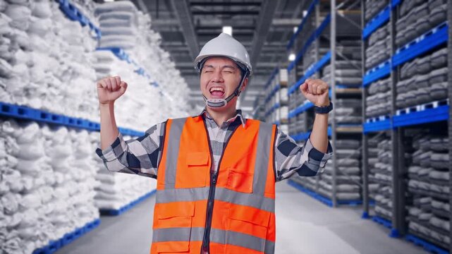 Asian Male Engineer With Safety Helmet Screaming Goal And Dancing Celebrating at Warehouse Storage with Stacked White Sacks