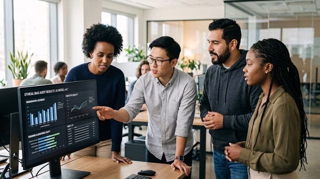 A diverse team of business professionals collaborates, analyzing data on a computer screen, fostering an environment of innovation and strategic planning.