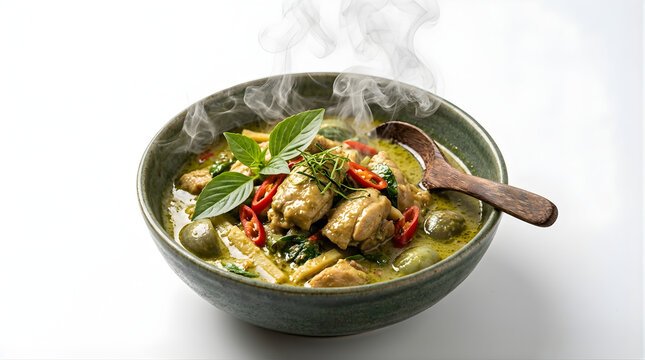 Steaming bowl of spicy thai green chicken curry with basil chili bamboo shoots and coconut milk broth for dinner menu