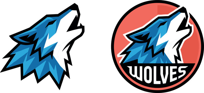 Wolves Esports Team Logo Vector Set with Blue Geometric Howling Wolf Mascot Badge in Red Circle for Sports Gaming Design