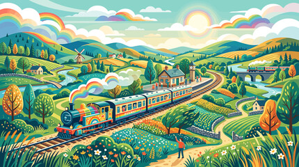 Colorful vintage steam train traveling through a vibrant rolling countryside landscape illustration. © Saka