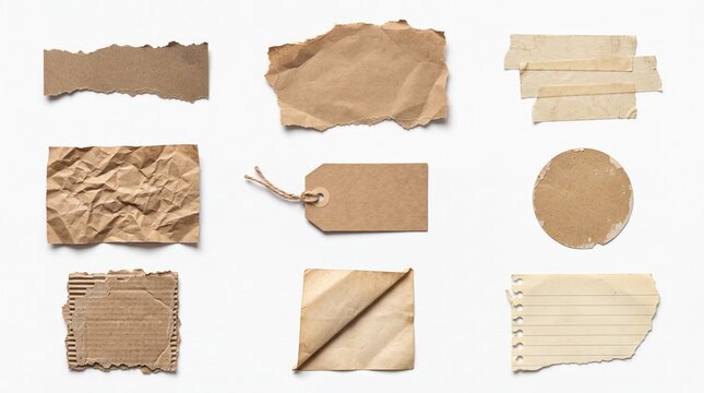 Set of various torn cardboard paper scraps and labels