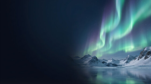 Vibrant aurora borealis dancing over snow covered arctic mountains reflecting on icy water with dark starry night sky