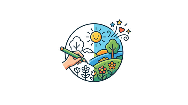 Creative hand drawing colorful nature landscape in circle