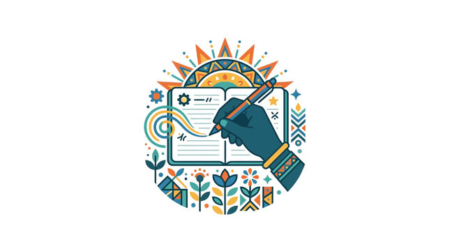 Creative Hand Drawing on Open Notebook with Artistic Floral Background