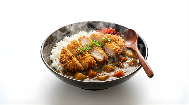 Steaming katsu curry bowl with crispy breaded pork cutlet rice pickled vegetables and wooden spoon for menu design
