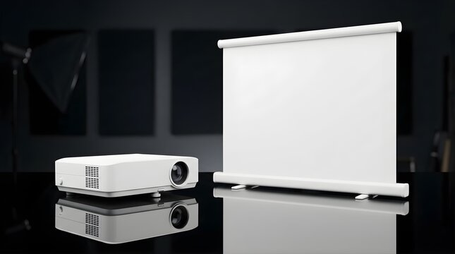 White digital projector with blank pull up screen on black reflective surface for presentation and business meetings