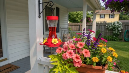 Fototapeta premium A red plastic feeder containing sugar water hangs from a porch pillar next to a container overflowing with blooming petunias and salvia perennials in a residential yard throughout the summer seas
