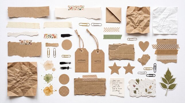 Set of craft paper scraps and labels for scrapbooking