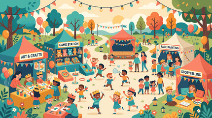 Colorful cartoon illustration of a vibrant community outdoor festival with children playing and market stalls. © Tini