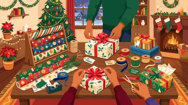 Cozy Christmas gift wrapping scene with people preparing holiday presents on a wooden table.