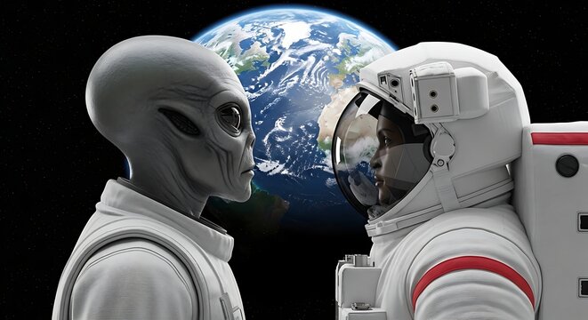Astronaut and Alien Face to Face in Outer Space with Earth Background.