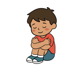 Cute cartoon boy sitting with arms crossed smiling