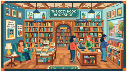 Cozy interior of a charming local bookstore with people browsing bookshelves and reading. © Akun