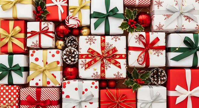 Assorted Gift Boxes with Bows and Decorations.