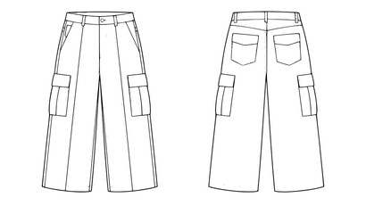 Oversized Mens Cargo Trousers Technical Flat Vector CAD Drawing Front Back View © MisArfina