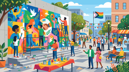 Diverse community members painting a colorful mural on a city wall together. © Tini
