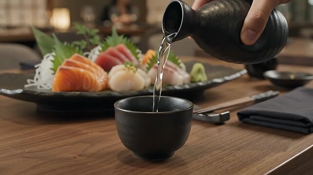 Pouring Japanese Sake into Ceramic Cup with Fresh Sashimi in Luxury Restaurant