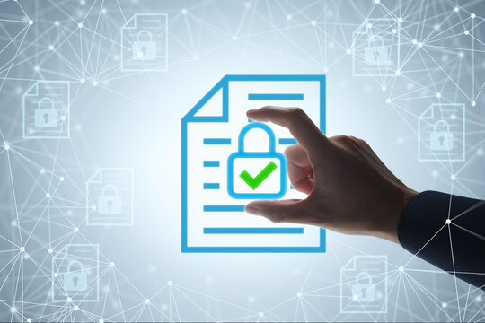 Sensitive information protection and data security for business compliance. Businessman placing padlock icon on file and document icons. Data encryption and access control application