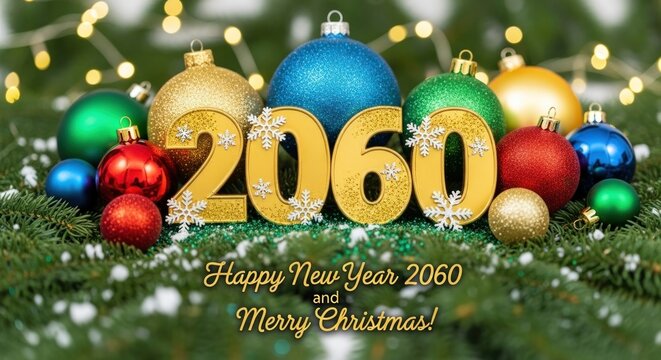 A festive arrangement of colorful Christmas ornaments surrounds large gold numbers 2060 on a snowy evergreen branch with blurred lights
