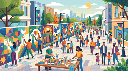 Diverse community of people painting a colorful mural on a long city wall in a vibrant neighborhood. © Tini