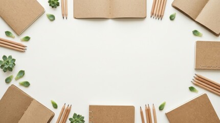 Fototapeta premium Top view of craft notebooks and pencils border with succulents