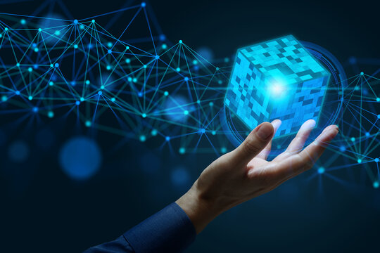 Big data mining and processing. Abstract image of data collection from multiple sources through network. Businessman holding dataset hologram.