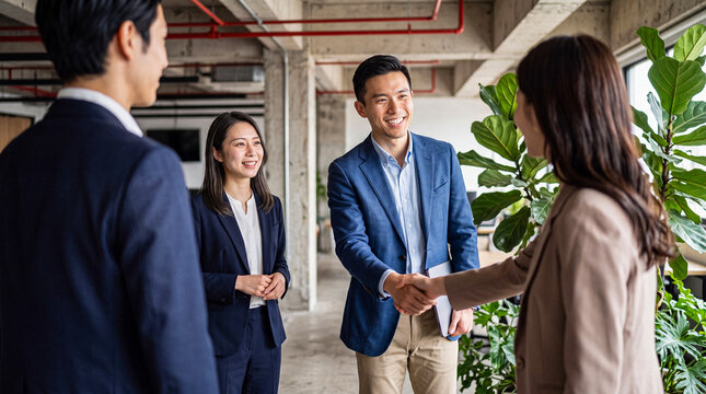 Two Asian business people shaking hands, sealing a deal, with colleagues observing in a bright, modern office space.
