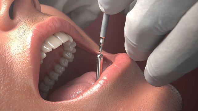 3D render of a dental procedure showing a professional using a tool on a metal implant post in an open mouth