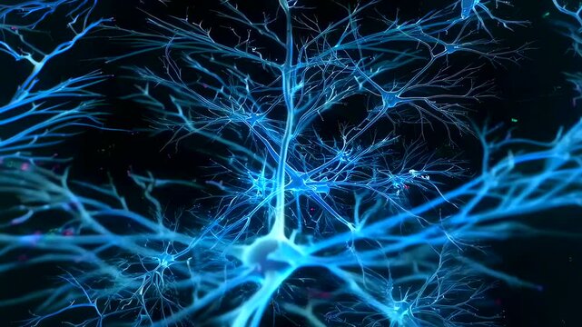 blue neurons branching across dark background, glowing dendrites and axons transmit electric impulses, pulsing synapses light up network pathways cinematic d render for neuroscience