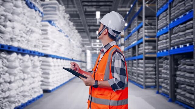 Side View Of Asian Male Engineer With Safety Helmet Taking Note On The Tablet And Looking Around While Standing at Warehouse Storage with Stacked White Sacks